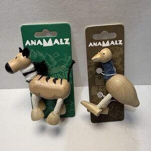 ANAMALZ Emu & Zebra Set of 2 Posable Toy Natural Wood Beige Baby Eco Sustainable